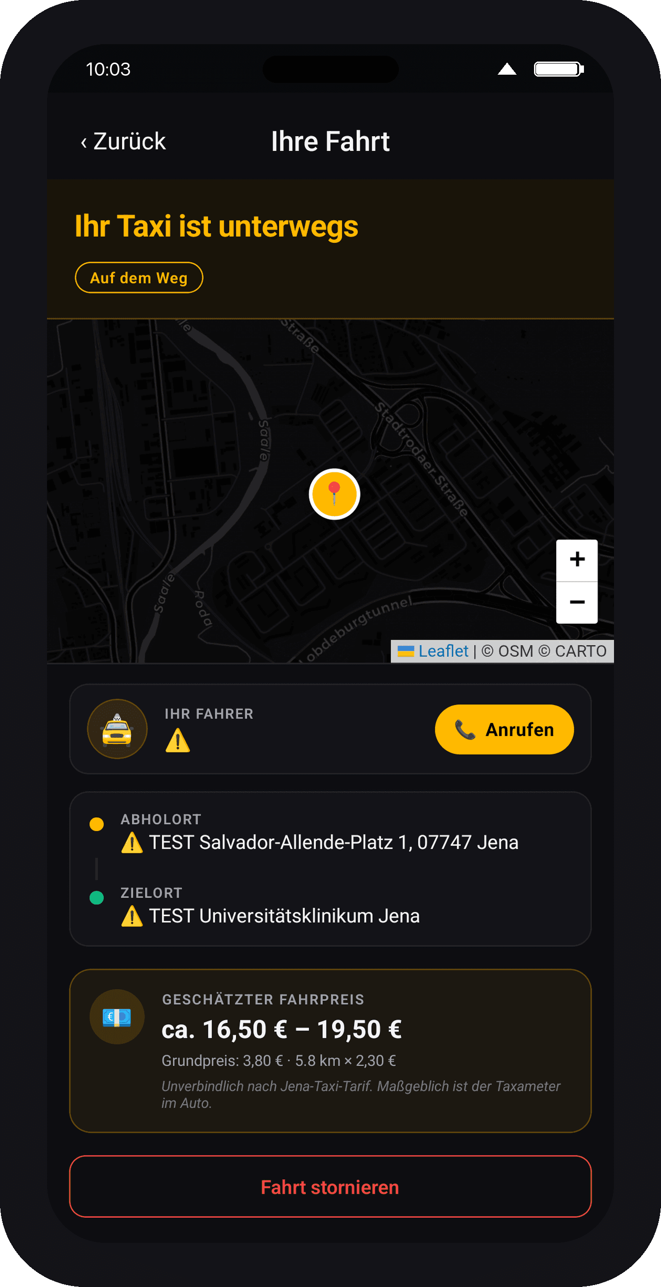 TAXI JENA App – Live-Tracking: Ihr Taxi ist unterwegs mit Karte + Fahrpreis