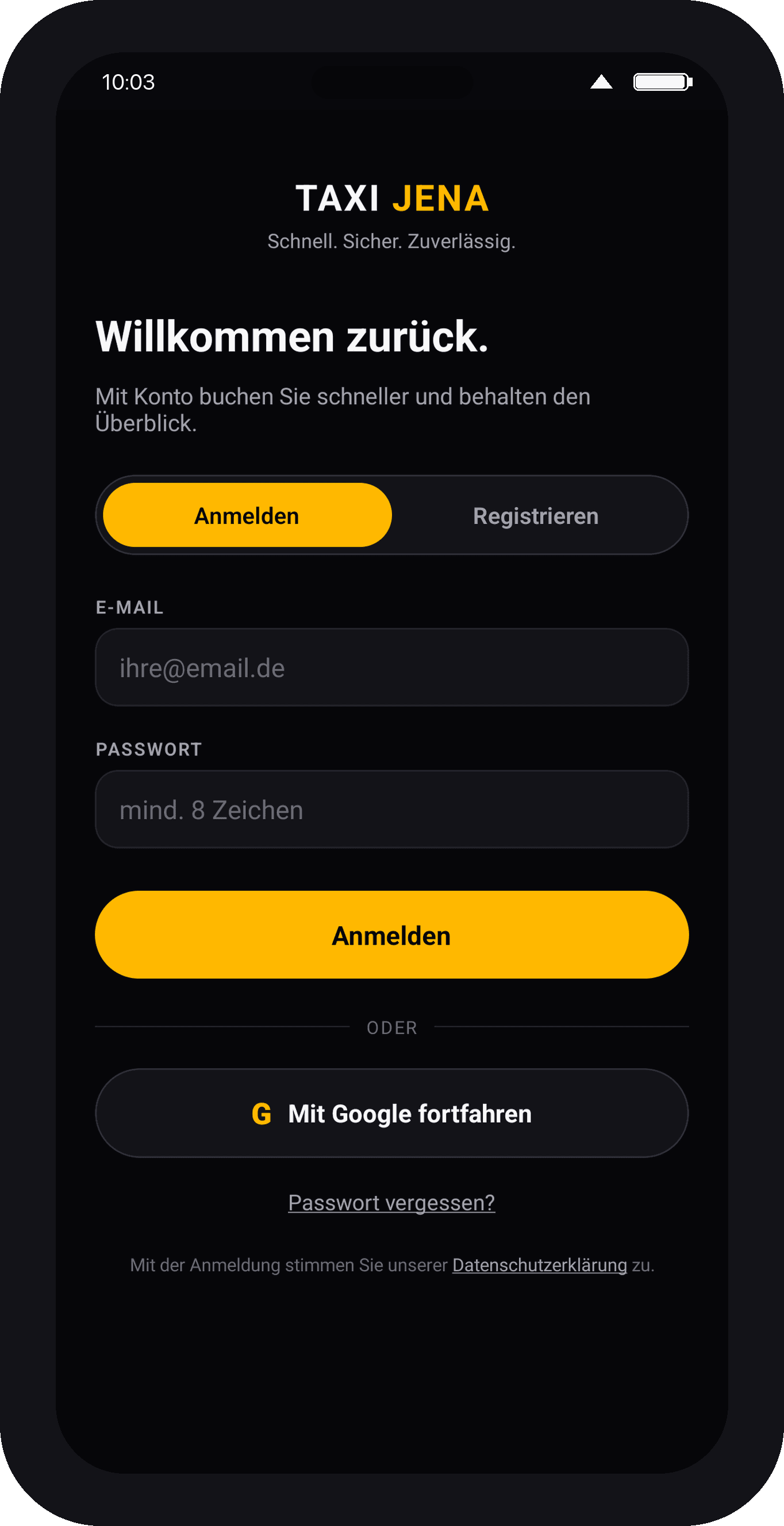 TAXI JENA App – Anmelden