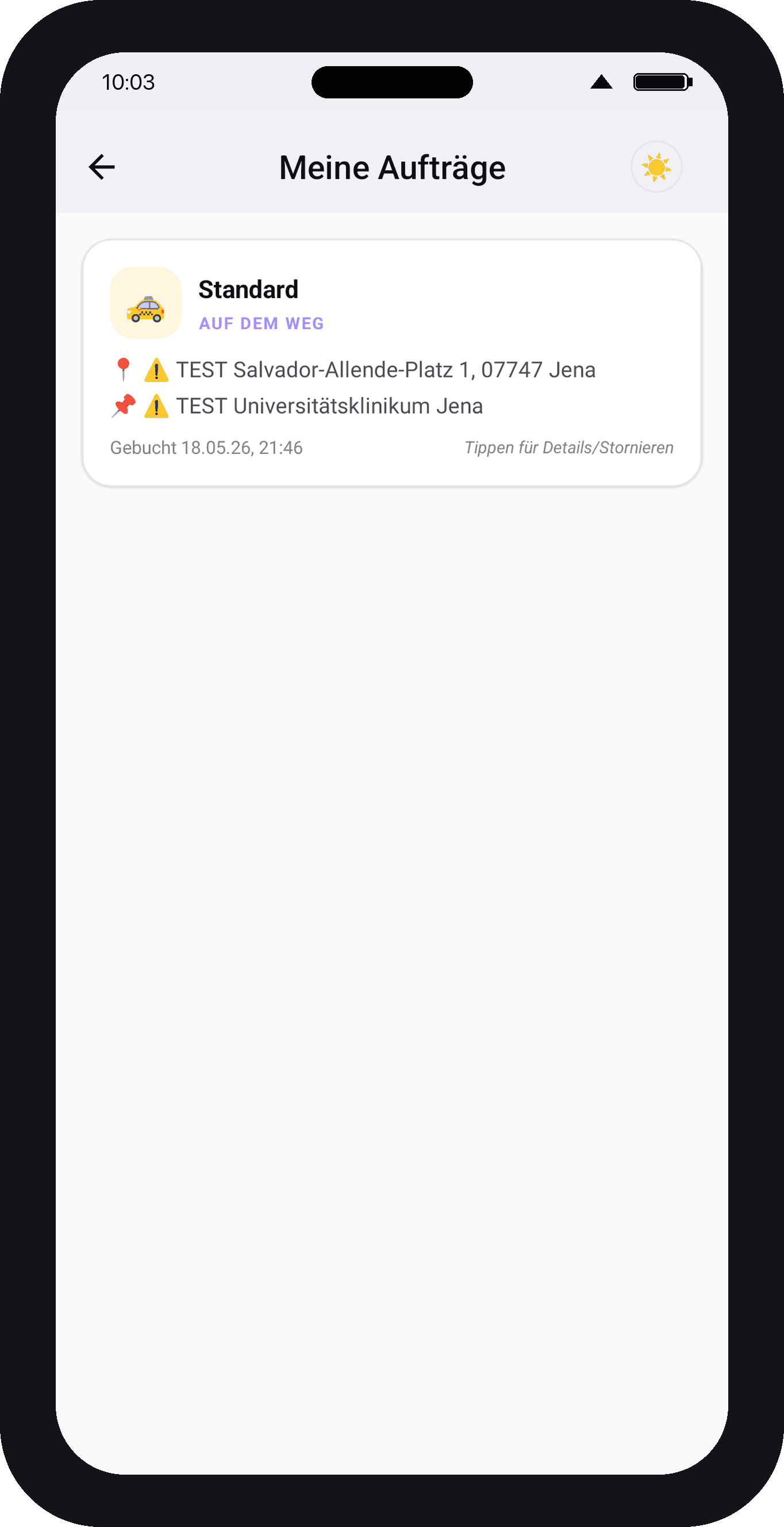 TAXI JENA App – Meine Aufträge mit Live-Status