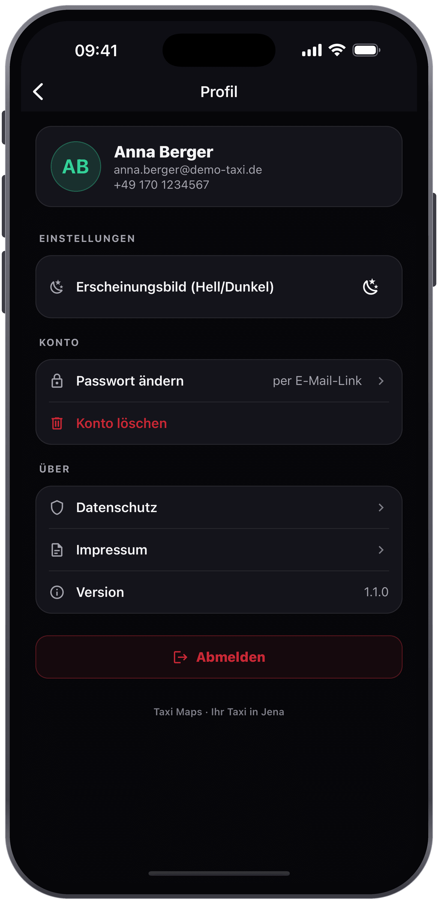 TAXI CHEMNITZ App – Profil mit Konto-Einstellungen und Löschfunktion