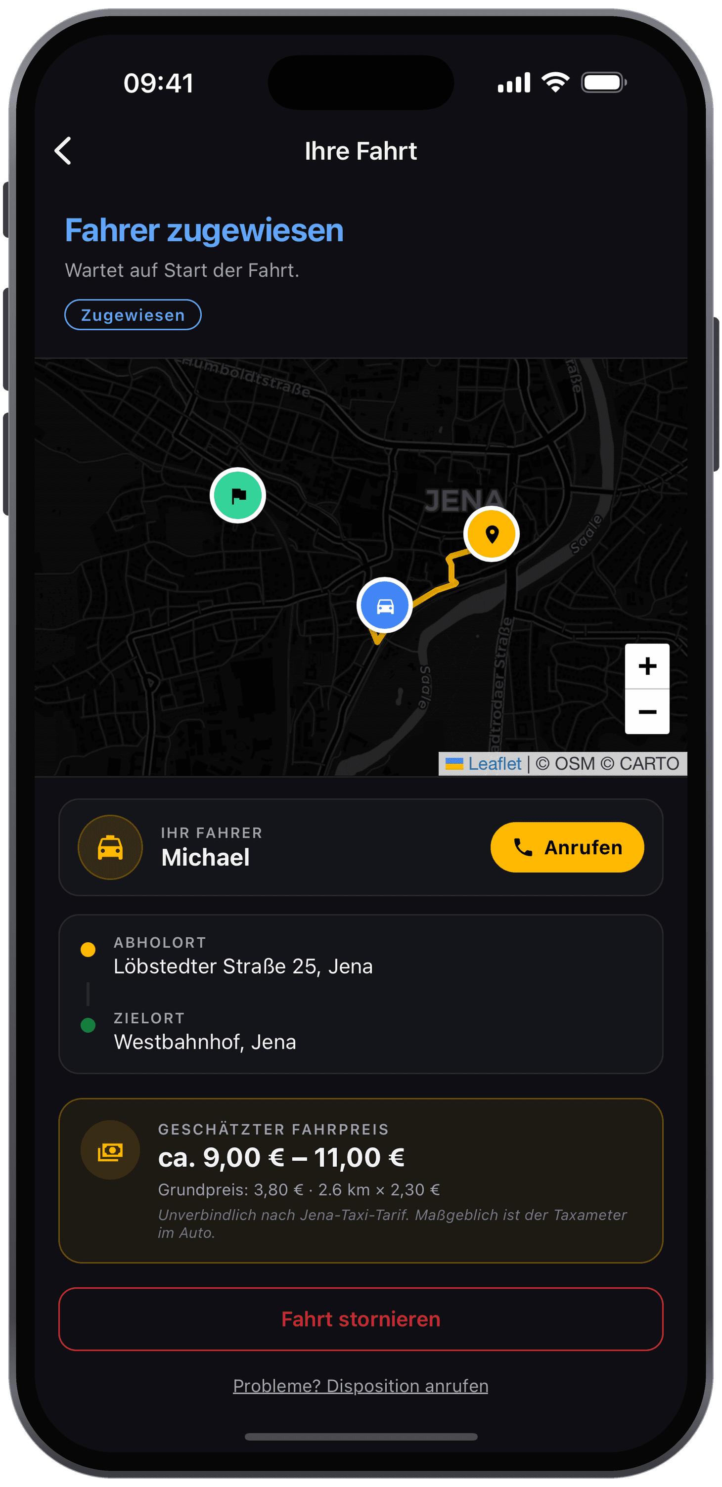 TAXI CHEMNITZ App – Live-Karte mit zugewiesenem Fahrer auf dem Weg zum Abholort