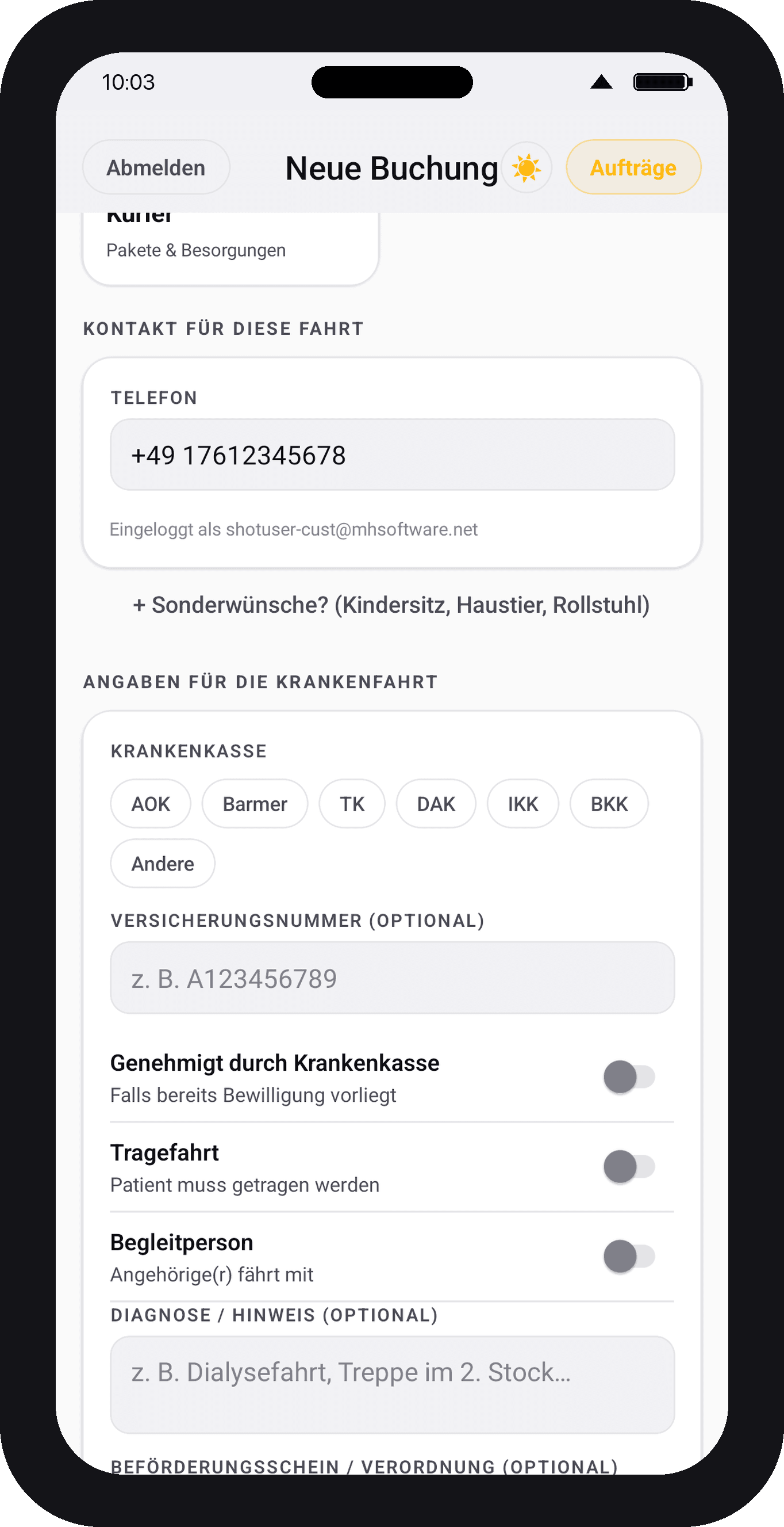 TAXI JENA App – Krankenfahrt-Auswahl mit Verordnungs-Formular