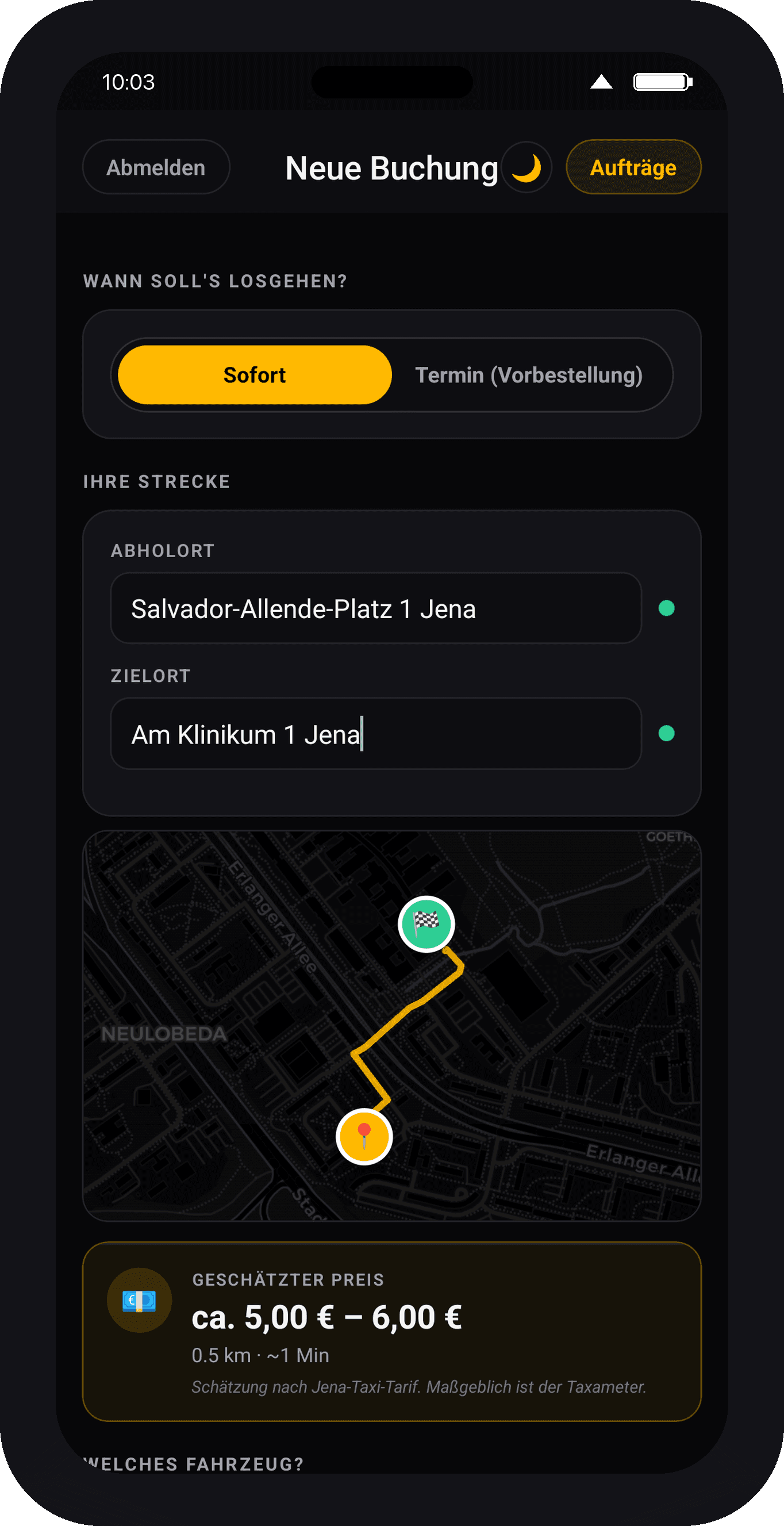 TAXI MAPS JENA App — Strecke mit Live-Karte und Fahrpreis-Schätzung