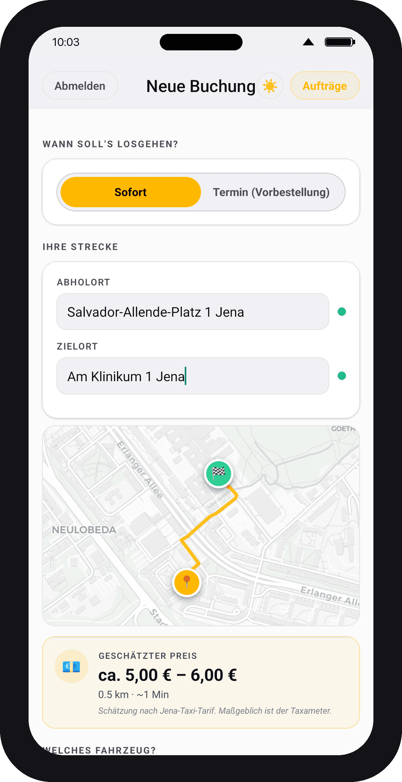 TAXI MAPS JENA App — Strecke mit Live-Karte und Fahrpreis-Schätzung